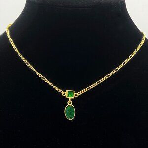 Vintage Signed SJC Petite Gold Tone and Green Pendant Necklace - N2052